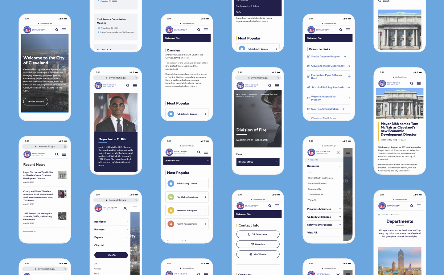 Many mobile phones stacked showing City of Cleveland website